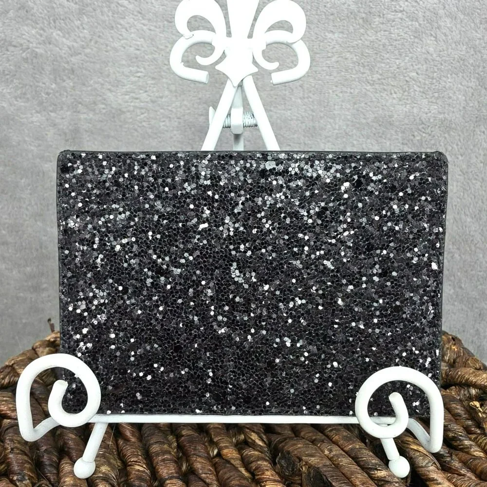 Kate Spade Card Case Holder Greta Court Graham Sparkling Black Glitter Slim Mini